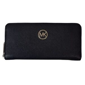 Michael Kors Zip Around Wallet Black Saffiano Leather Silver Crystal Logo Large